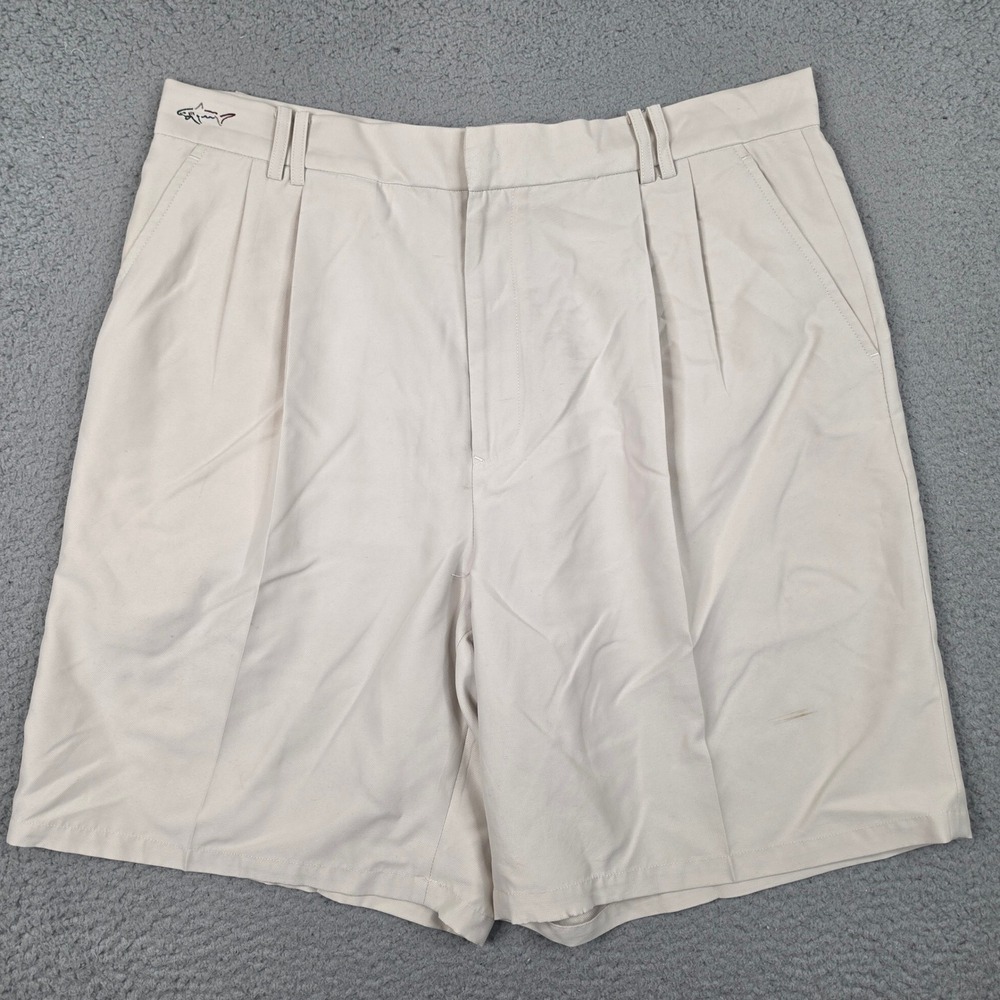 Greg Norman Golf Shorts Mens 35 Beige Pleated Microfiber Shark Logo
